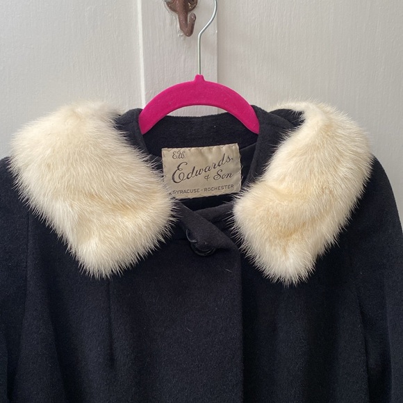 VINTAGE Wool & Fur Collar 50's 60's Black White Swing Coat Medium Union Made - Picture 2 of 14